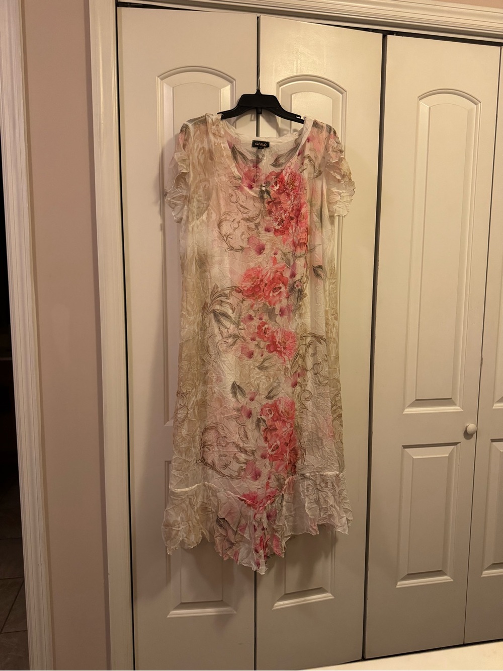 Cream Midi Dress with Pink Floral Cascade